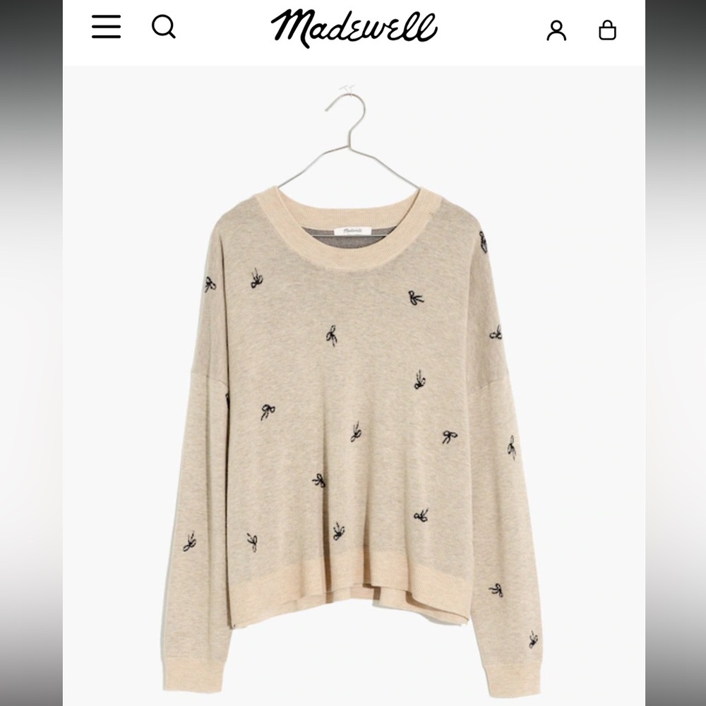 Madewell Bow Jacquard Sweater XS Beige Cream Knit Pullover Black Bow Detail